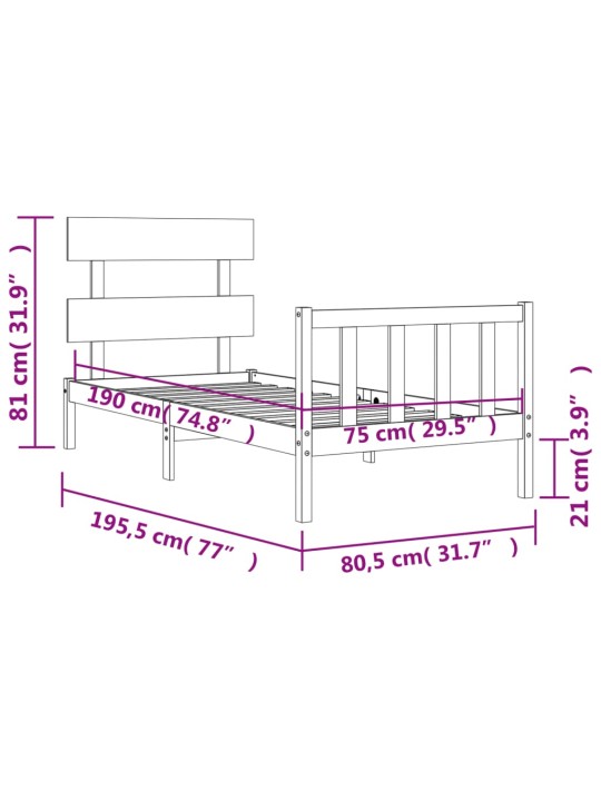 Sängynrunko päädyllä musta 2FT6 Small Single täysi puu