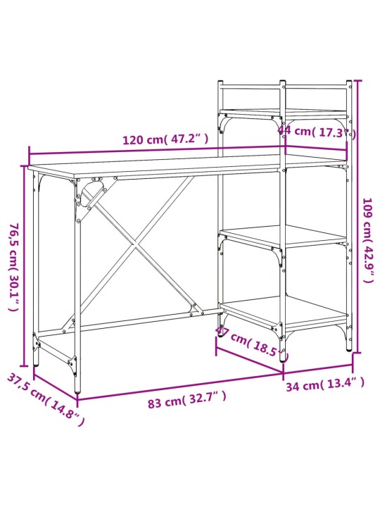 Tietokonepöytä hyllyillä ruskea tammi 120x47x109 cm