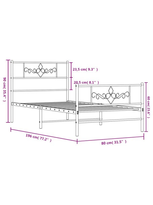 Metallinen sängynrunko päädyillä musta 75x190 cm