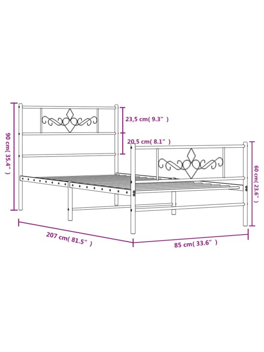Metallinen sängynrunko päädyillä musta 80x200 cm