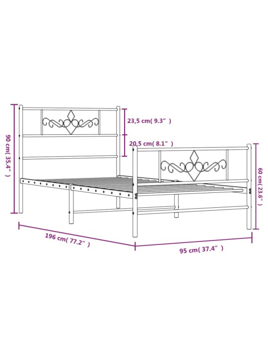 Metallinen sängynrunko päädyillä musta 90x190 cm