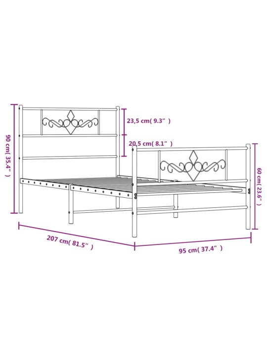 Metallinen sängynrunko päädyillä musta 90x200 cm