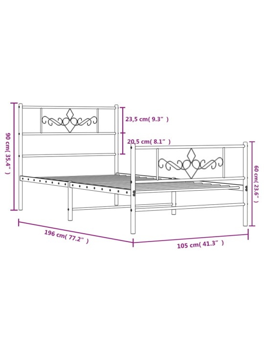 Metallinen sängynrunko päädyillä musta 100x190 cm