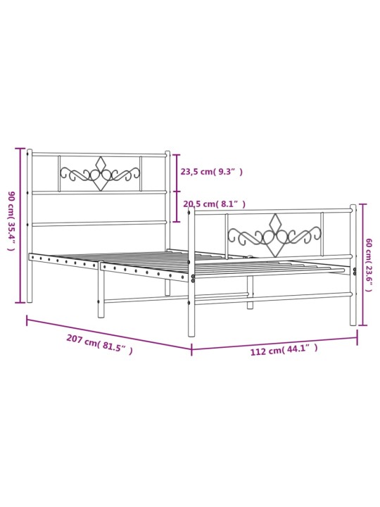 Metallinen sängynrunko päädyillä musta 107x203 cm