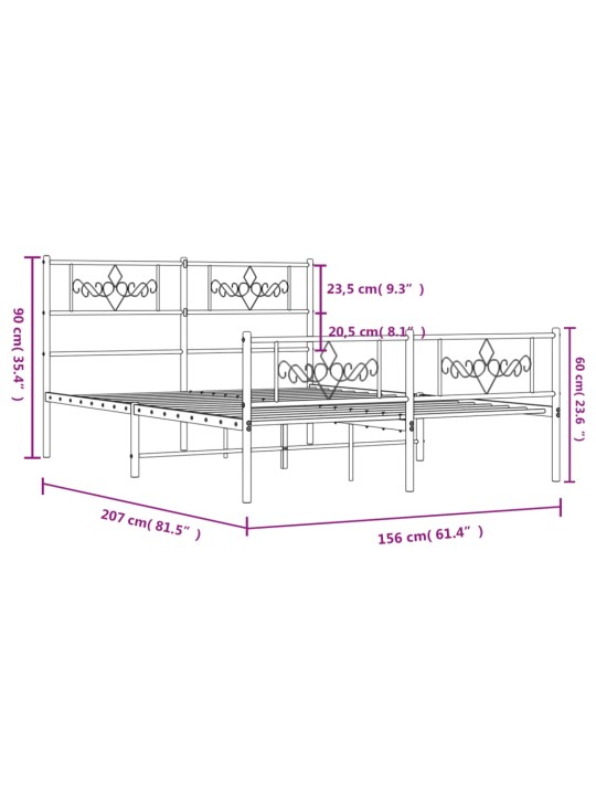Metallinen sängynrunko päädyillä musta 150x200 cm