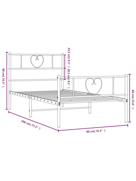 Metallinen sängynrunko päädyillä musta 75x190 cm