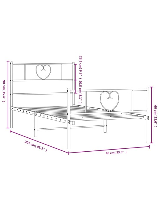 Metallinen sängynrunko päädyillä musta 80x200 cm