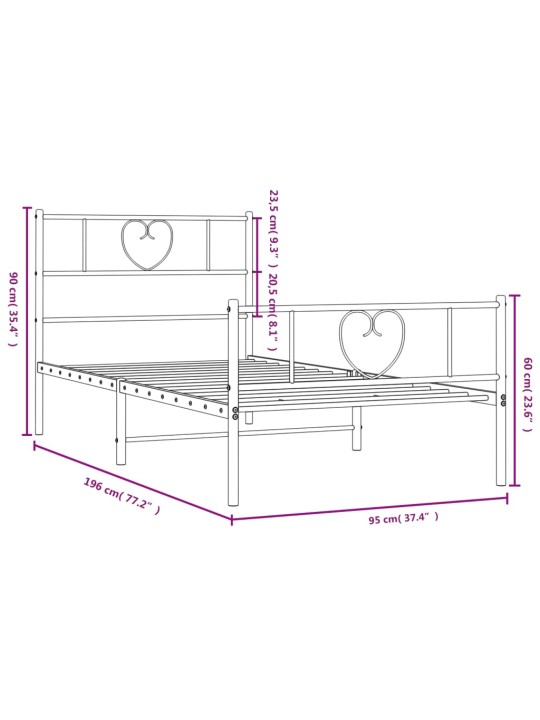 Metallinen sängynrunko päädyillä musta 90x190 cm