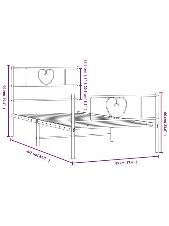Metallinen sängynrunko päädyillä musta 90x200 cm
