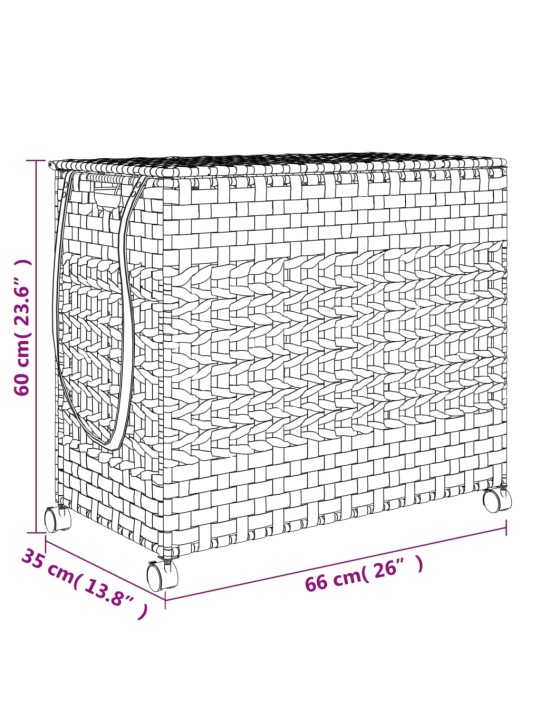 Pyykkikori pyörillä tummanruskea 66x35x60 cm rottinki