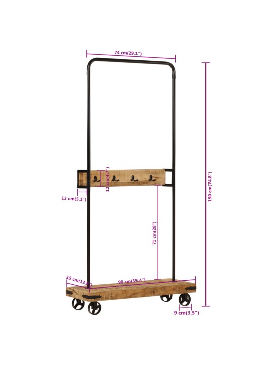 Naulakko pyörillä 90x35x190 cm täysi mangopuu ja rauta