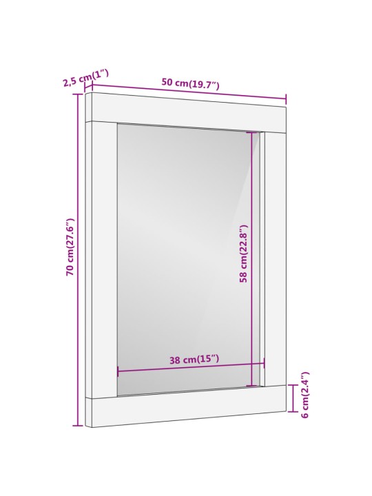 Kylpyhuoneen peili 50x70x2,5 cm täysi mangopuu ja lasi