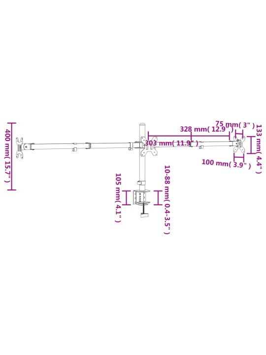 Kolmen näytön teline musta teräs VESA 75/100 mm