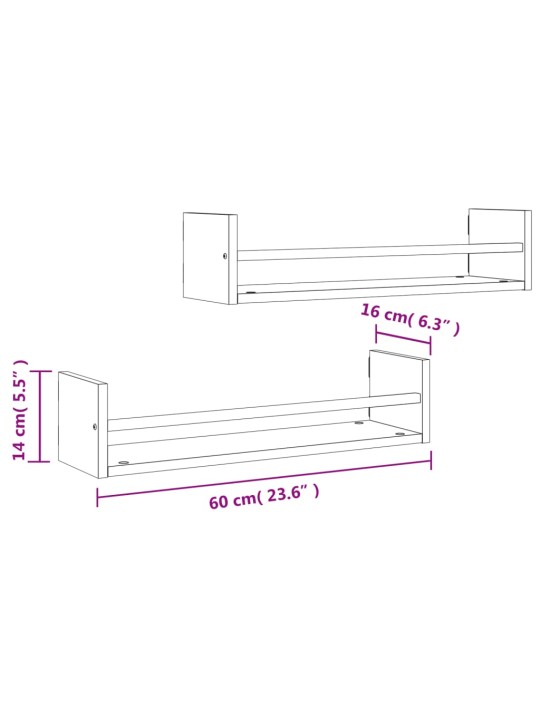 Seinähyllyt tangoilla 2 kpl musta 60x16x14 cm