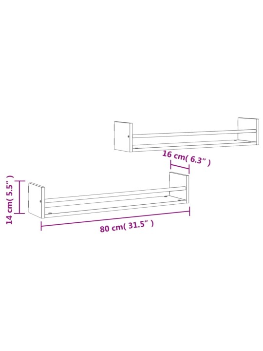 Seinähyllyt tangoilla 2 kpl musta 80x16x14 cm