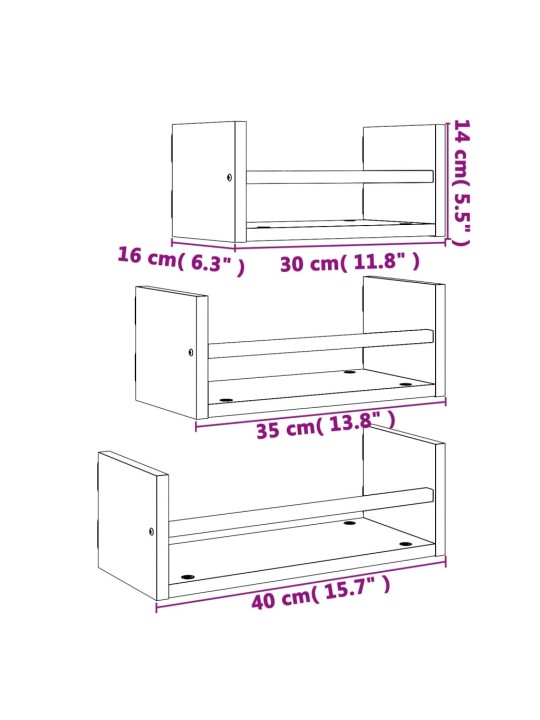 3-osainen seinähyllysarja tangoilla ruskea tammi tekninen puu