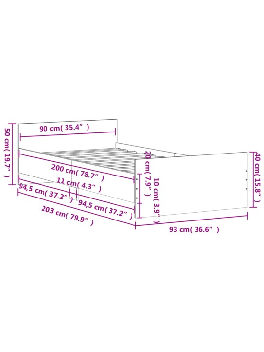 Sängynrunko betoninharmaa 90x200 cm tekninen puu