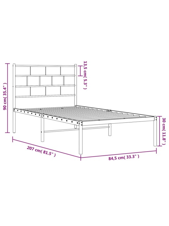 Metallinen sängynrunko päädyllä musta 80x200 cm