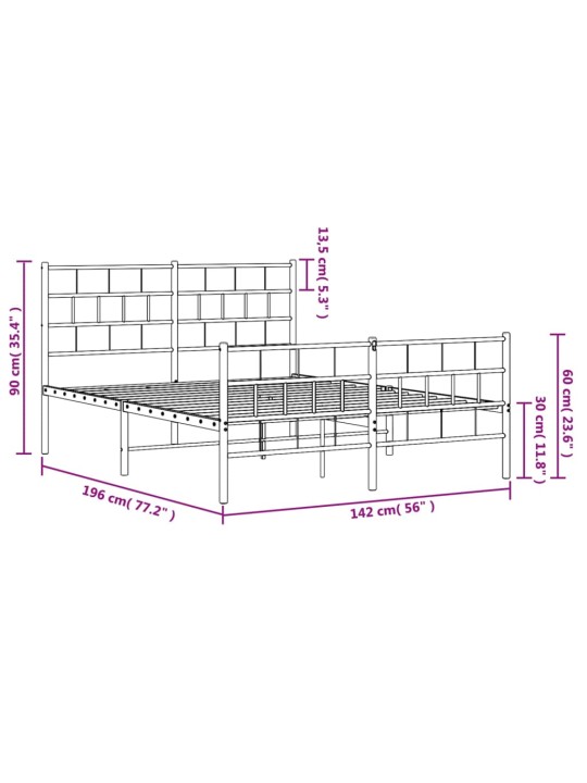 Metallinen sängynrunko päädyillä musta 135x190 cm