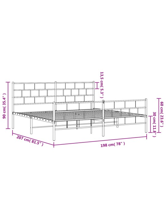 Metallinen sängynrunko päädyillä musta 193x203 cm