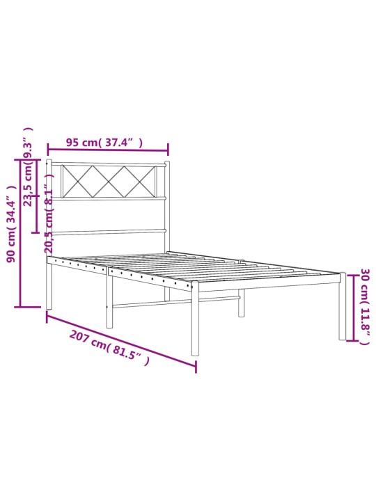 Metallinen sängynrunko päädyllä musta 90x200 cm
