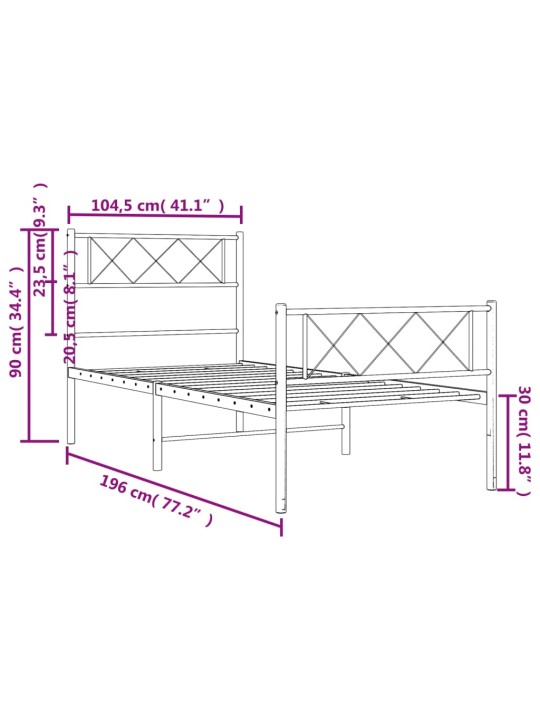 Metallinen sängynrunko päädyillä musta 100x190 cm