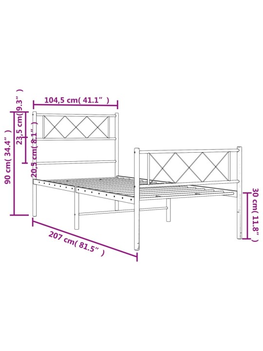 Metallinen sängynrunko päädyillä musta 100x200 cm