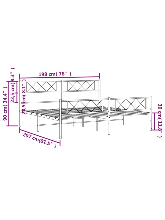 Metallinen sängynrunko päädyillä musta 193x203 cm