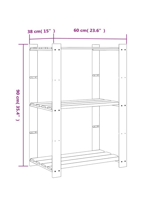 3-kerroksinen Varastohylly 60x38x90 cm täysi mänty