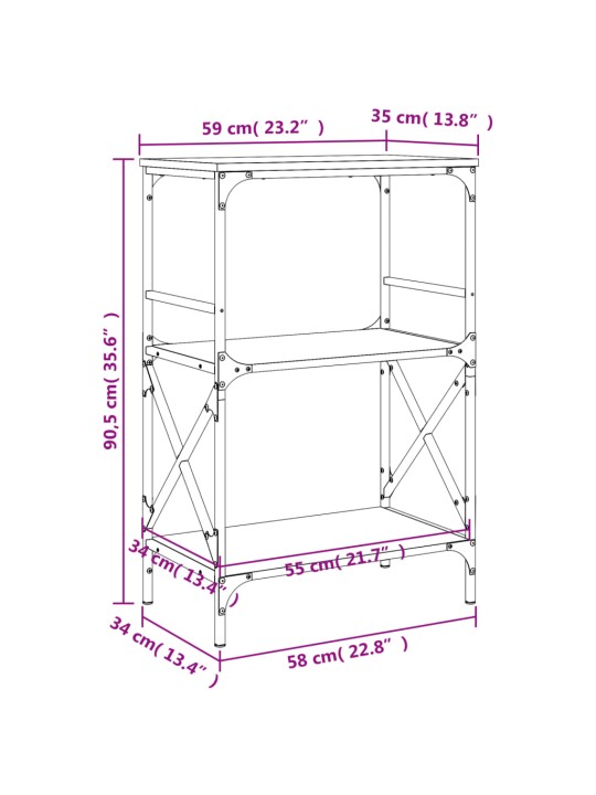 Kirjahylly 3 kerrosta ruskea tammi 59x35x90,5 cm tekninen puu