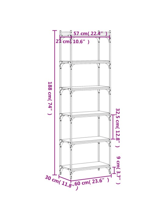 Kirjahylly 6 kerrosta savutammi 60x30x188 cm tekninen puu