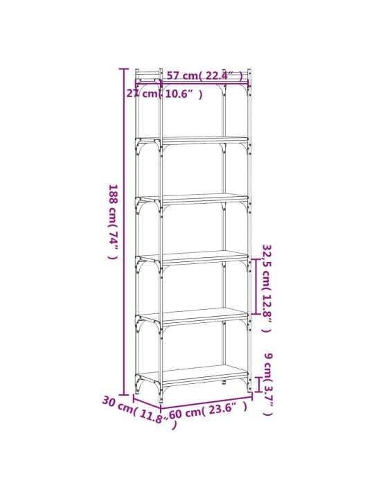Kirjahylly 6 kerrosta ruskea tammi 60x30x188 cm tekninen puu