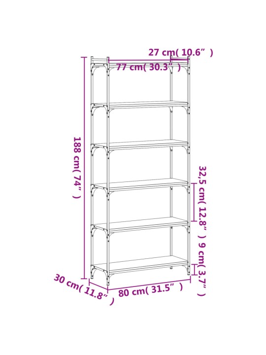 Kirjahylly 6 kerrosta savutammi 80x30x188 cm tekninen puu