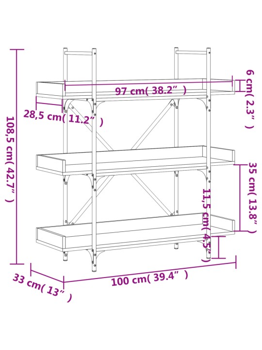 Kirjahylly 3 tasoa savutammi 100x33x108,5 cm tekninen puu