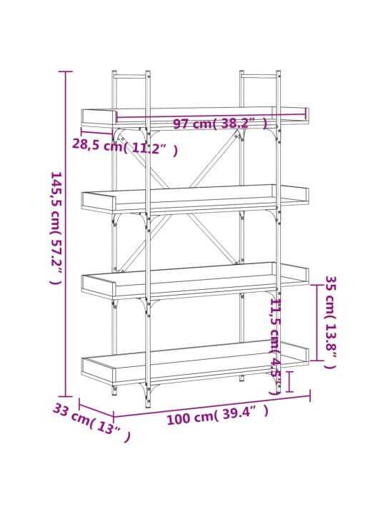 Kirjahylly 4 tasoa savutammi 100x33x145,5 cm tekninen puu