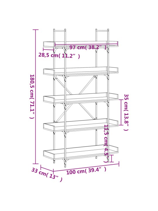 Kirjahylly 5 tasoa savutammi 100x33x180,5 cm tekninen puu