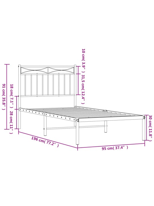 Metallinen sängynrunko päädyllä musta 90x190 cm