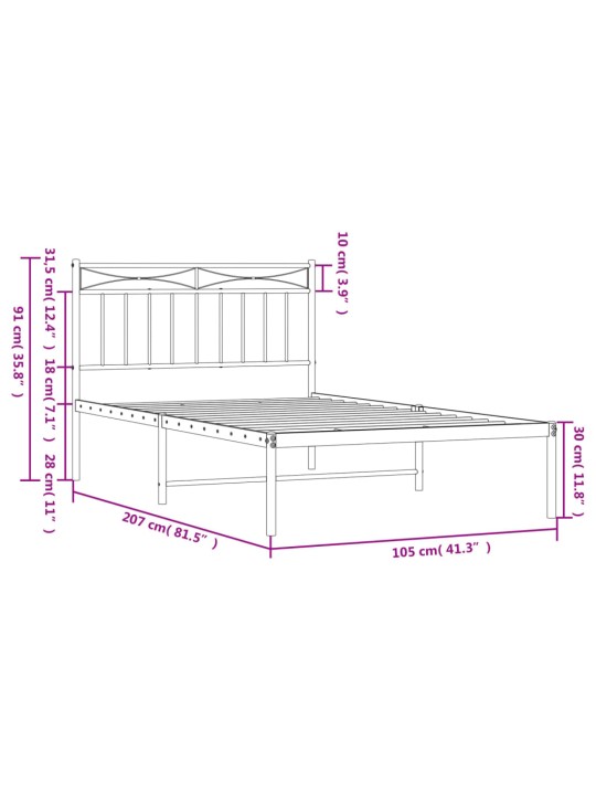 Metallinen sängynrunko päädyllä musta 100x200 cm