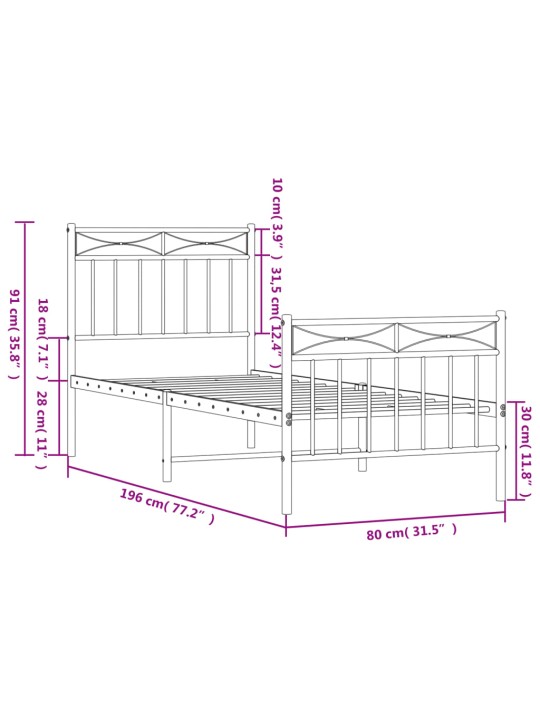 Metallinen sängynrunko päädyillä musta 75x190 cm