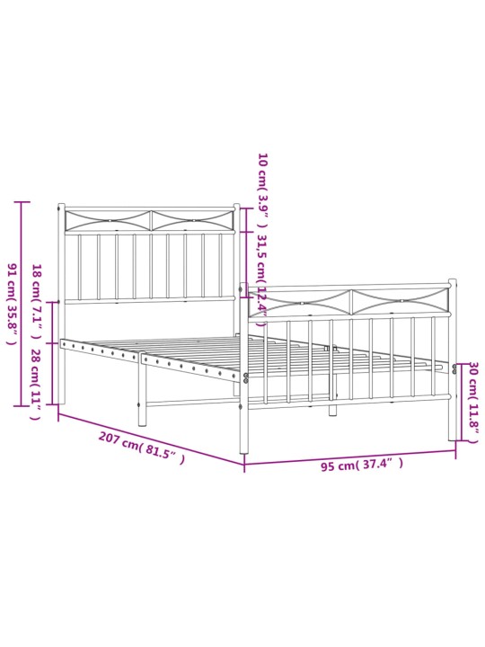 Metallinen sängynrunko päädyillä musta 90x200 cm