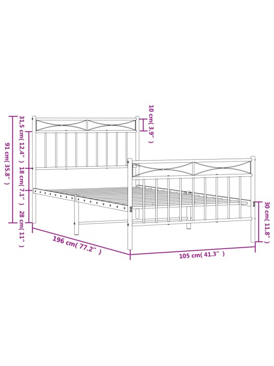 Metallinen sängynrunko päädyillä musta 100x190 cm