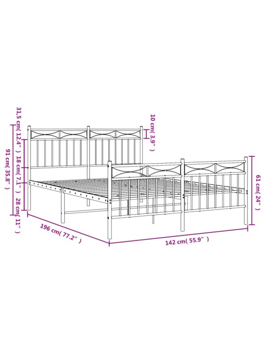 Metallinen sängynrunko päädyillä musta 135x190 cm
