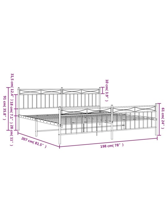 Metallinen sängynrunko päädyillä musta 193x203 cm