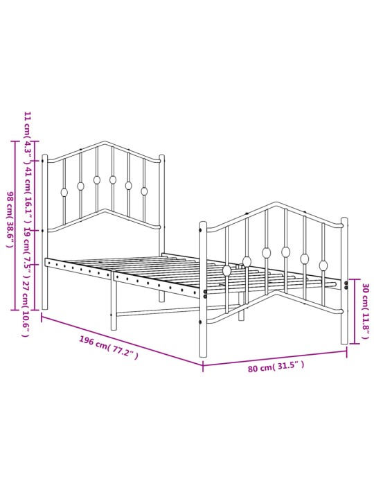 Metallinen sängynrunko päädyillä musta 75x190 cm