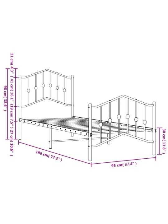 Metallinen sängynrunko päädyillä musta 90x190 cm