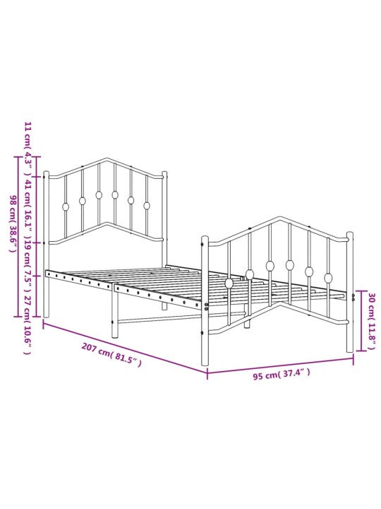 Metallinen sängynrunko päädyillä musta 90x200 cm