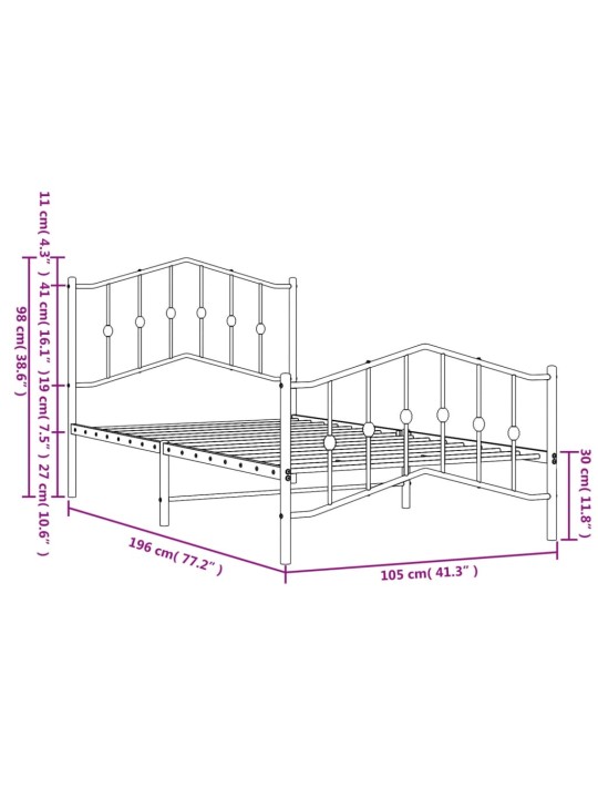 Metallinen sängynrunko päädyillä musta 100x190 cm