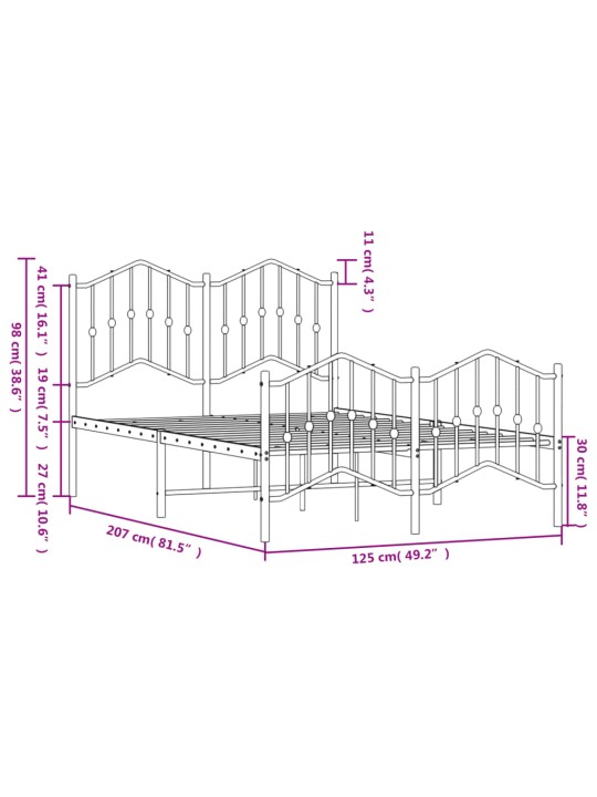 Metallinen sängynrunko päädyillä musta 120x200 cm