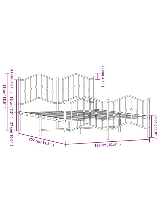 Metallinen sängynrunko päädyillä musta 150x200 cm