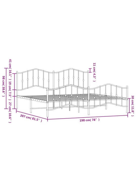 Metallinen sängynrunko päädyillä musta 193x203 cm